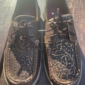 Twisted X Dark Brown Floral Leather Moccasins Size 7.5